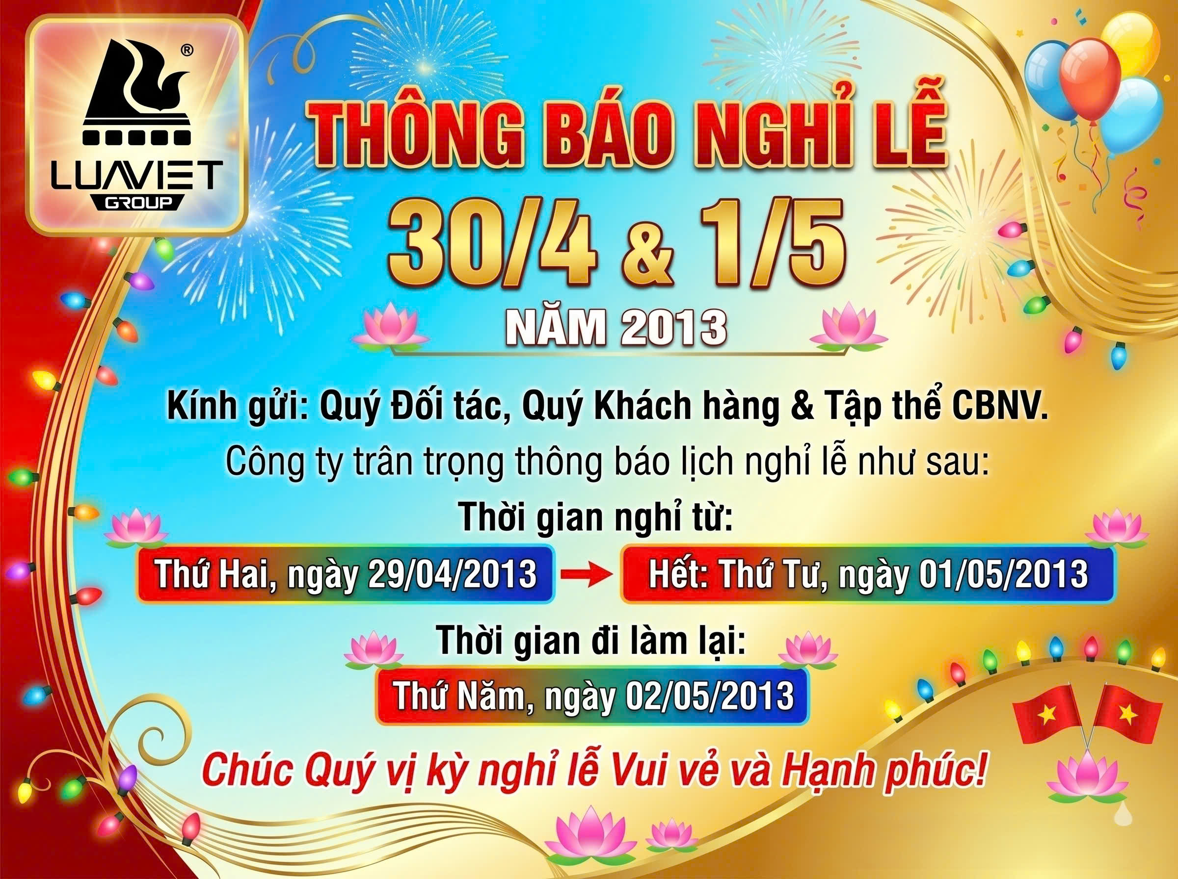 Thông báo nghỉ lễ 30/04 và 01/5 năm 2013