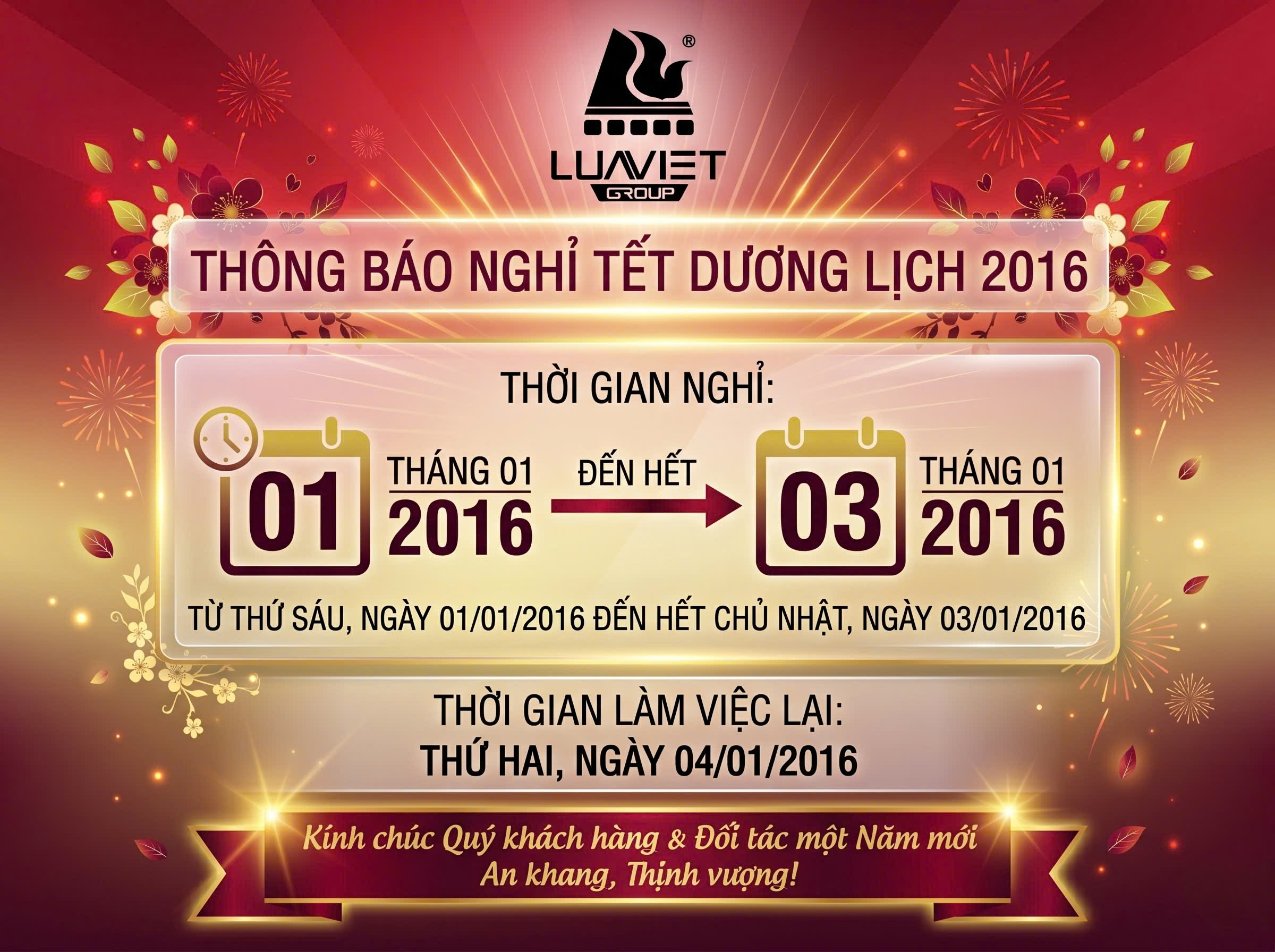 Thông báo về việc nghỉ Tết Dương Lịch 2016